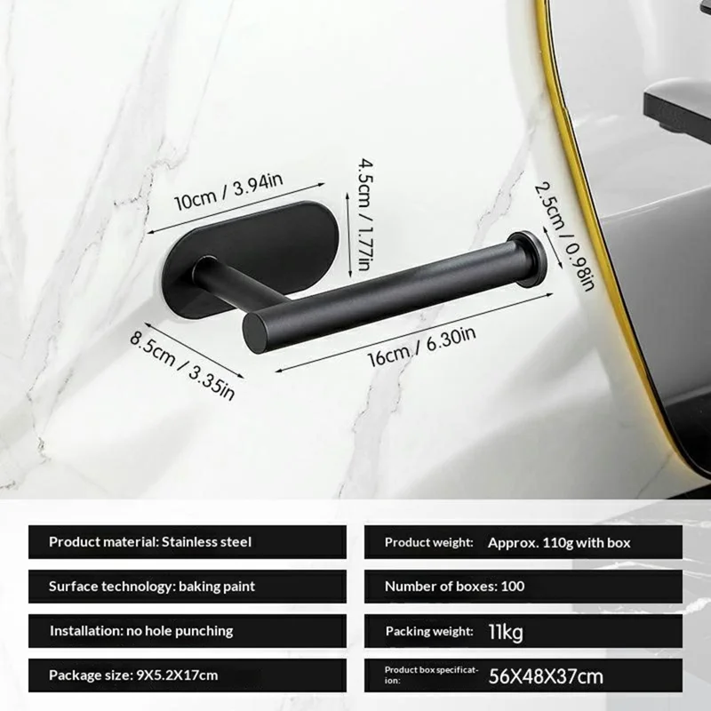 16cm Paper Towel Holder for Kitchen Bathroom No Drill Stainless Steel Toilet Roll Dispenser - Black