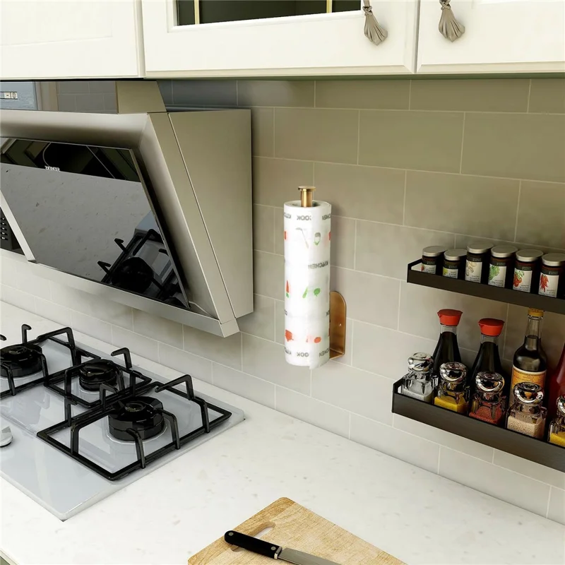 Portarotolo da 33,5 cm per cucina e bagno, senza trapano, in acciaio inox, dispenser per carta igienica - Oro