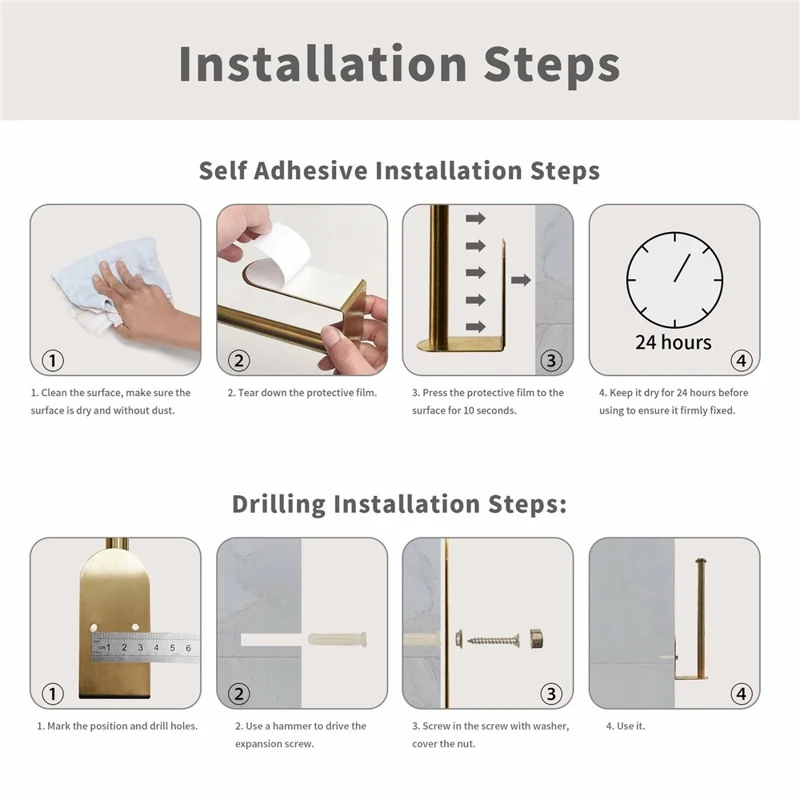 Portarotolo da 33,5 cm per cucina e bagno, senza trapano, in acciaio inox, dispenser per carta igienica - Oro