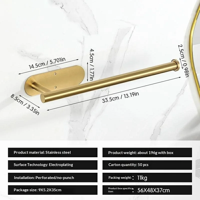 Portarotolo da 33,5 cm per cucina e bagno, senza trapano, in acciaio inox, dispenser per carta igienica - Oro