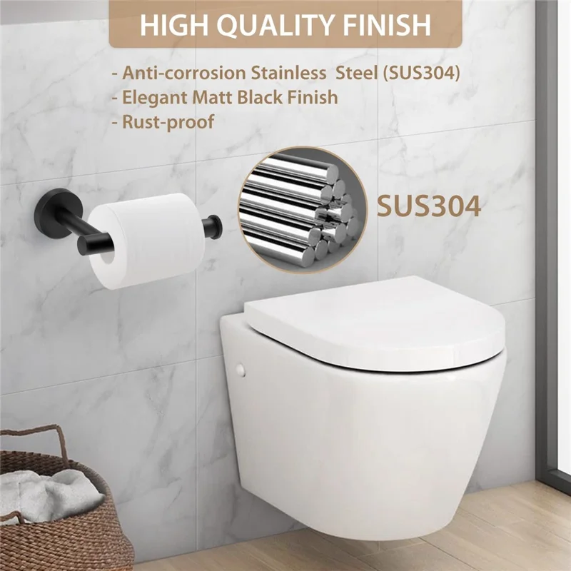 Wall Mounted Toilet Paper Holder for Bathroom Stainless Steel Rust Proof Space Saving Tissue Rack - Black