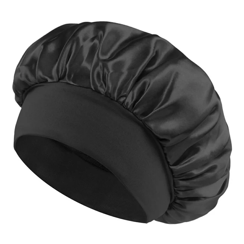 Wide Brim Elastic Sleep Cap for Women Satin Hair Bonnet Protective Headwear Soft Silky Night Sleeping Hat - Black