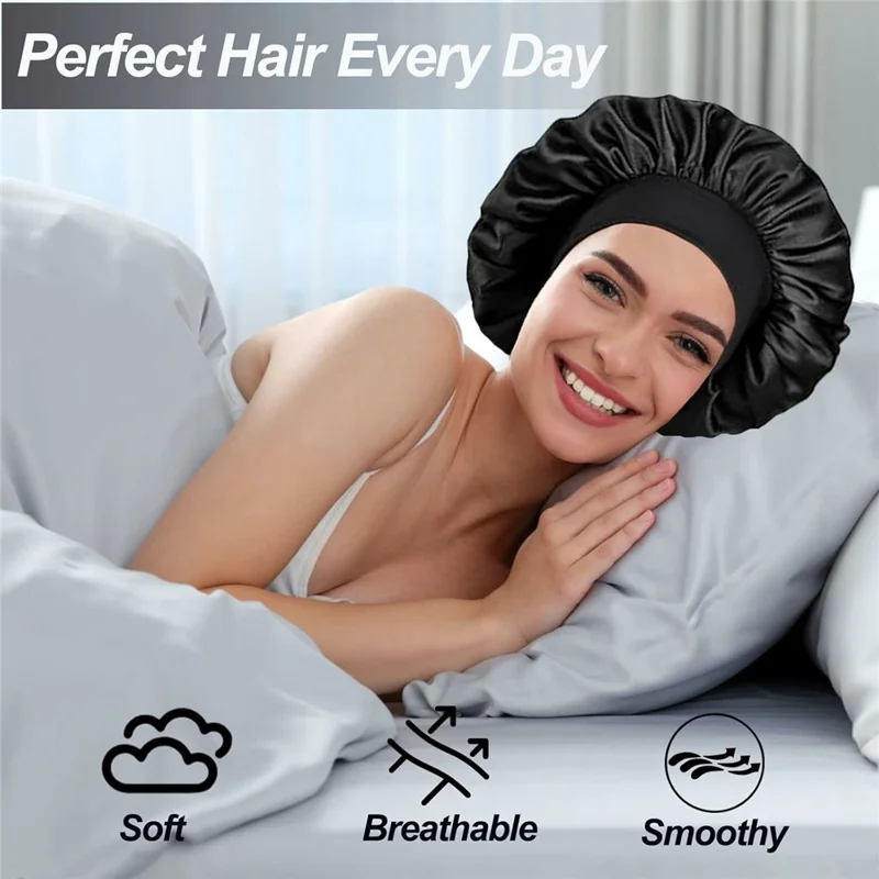 Wide Brim Elastic Sleep Cap for Women Satin Hair Bonnet Protective Headwear Soft Silky Night Sleeping Hat - Black