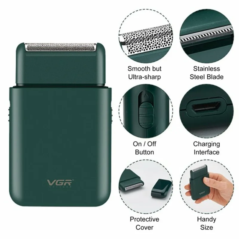 VGR V-390 Portable Electric Shaver for Men Waterproof USB Rechargeable Mini Razor - Green