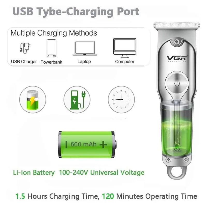VGR V-071 Professional Hair Clipper Dual Speed Low Noise USB Rechargeable T-Blade Hair Trimmer