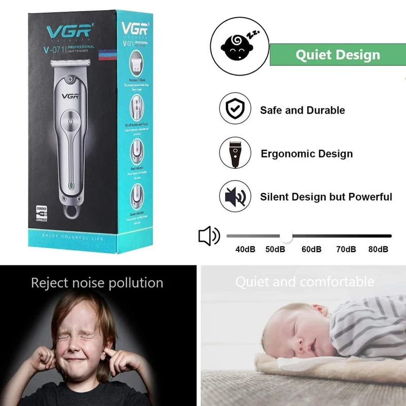 VGR V-071 Professional Hair Clipper Dual Speed Low Noise USB Rechargeable T-Blade Hair Trimmer