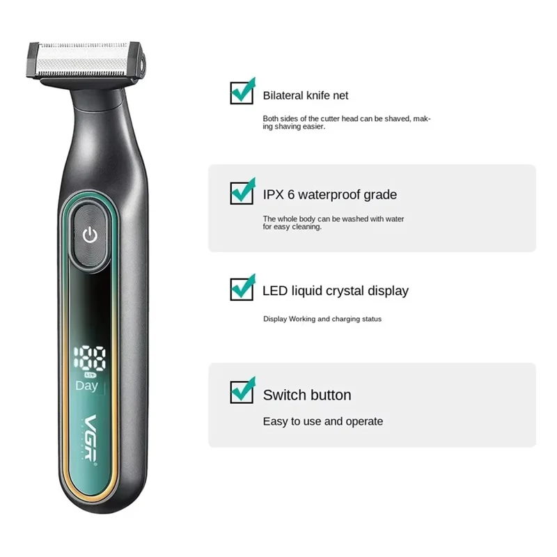 VGR V-360 Elektrischer Rasierer IPX6 wasserdicht, USB wiederaufladbar, mit LED-Display, für Herren – Grün