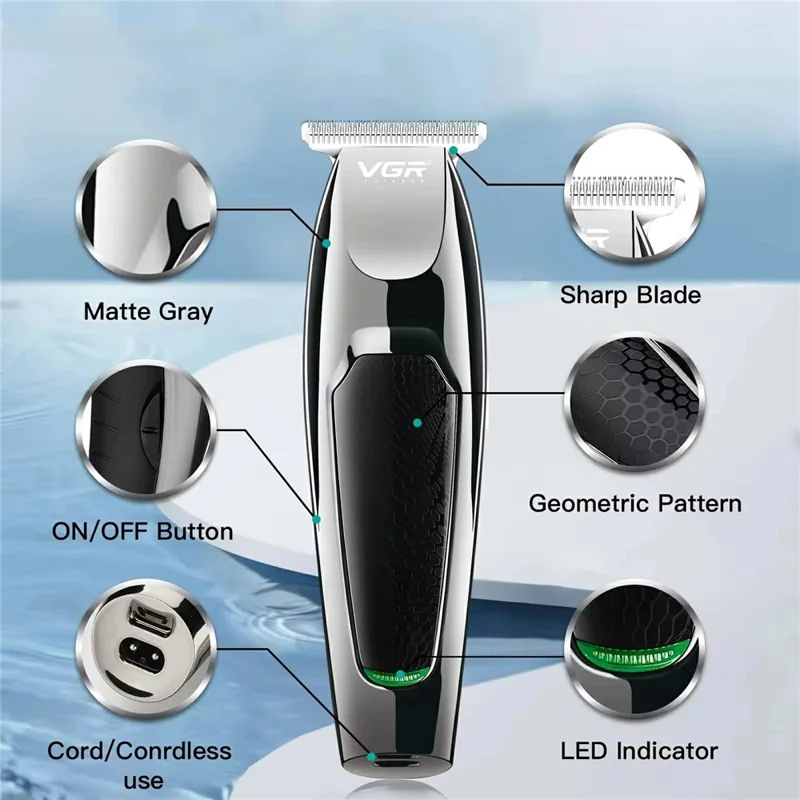 VGR V-030 Professional Hair Clipper USB Rechargeable Electric Hair Trimmer with 1  /  2  /  3  /  4  /  5mm Guide Combs - Black