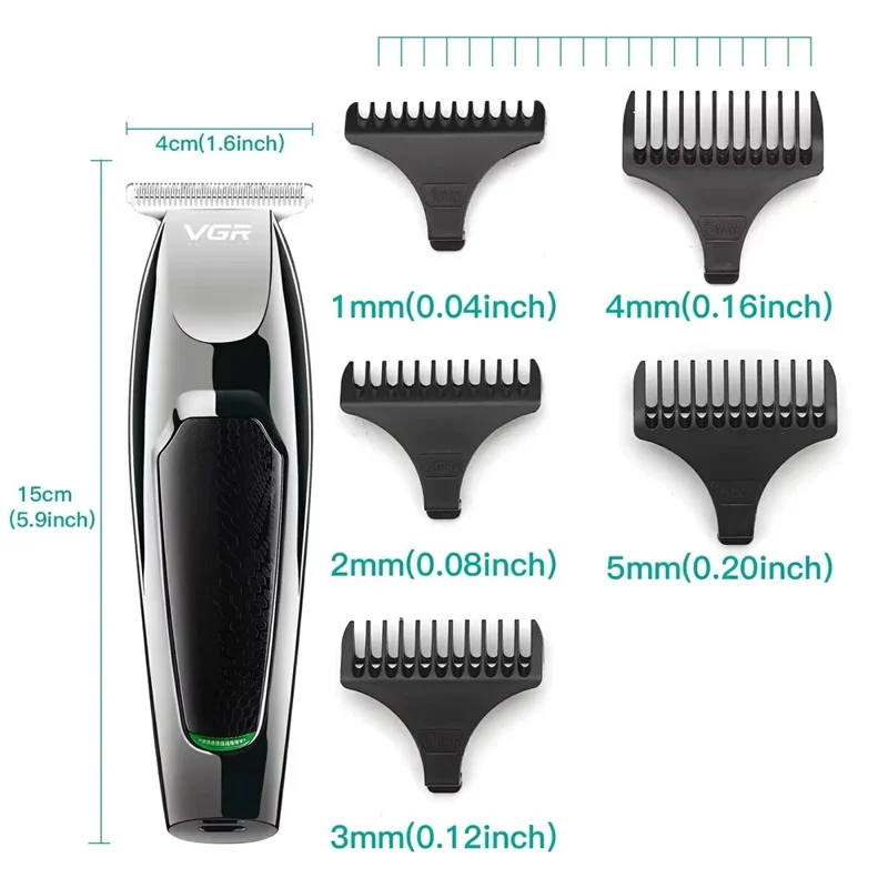 VGR V-030 Professional Hair Clipper USB Rechargeable Electric Hair Trimmer with 1  /  2  /  3  /  4  /  5mm Guide Combs - Black