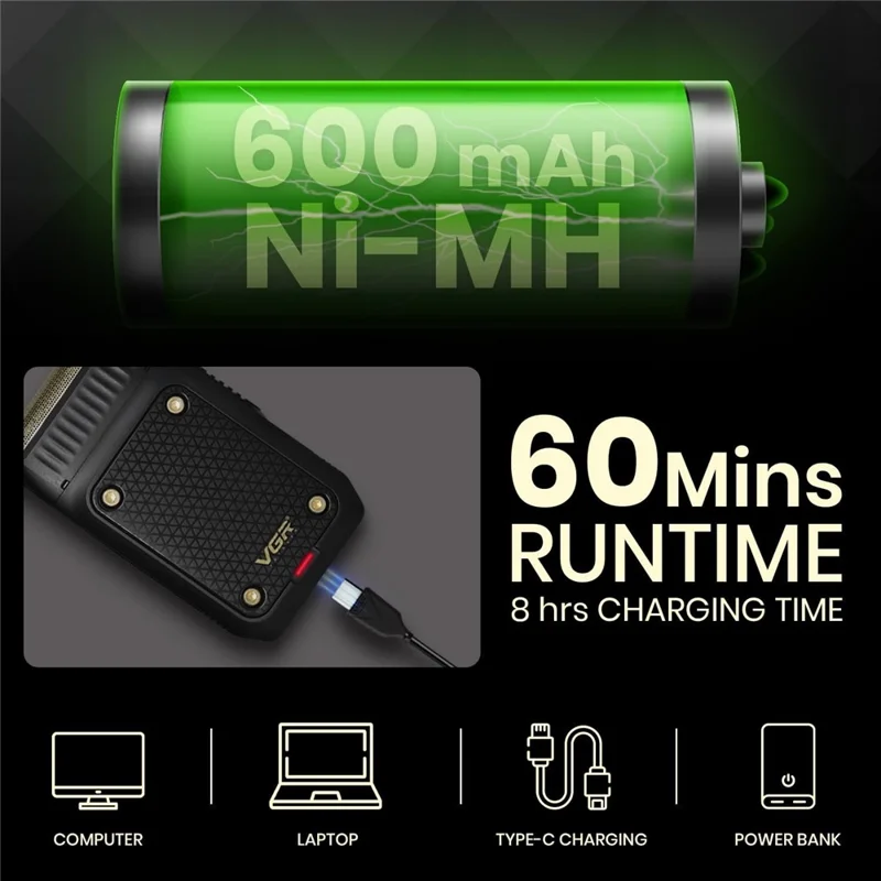 VGR V-353 Mini Electric Shaver for Men USB Rechargeable Portable Reciprocating Razor for Home Travel - Black