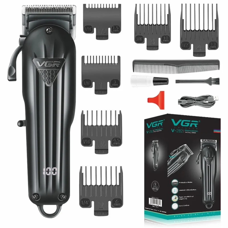 VGR V-282 Professional Hair Clipper USB Rechargeable Cordless Electric Hair Trimmer with Digital Display - Black