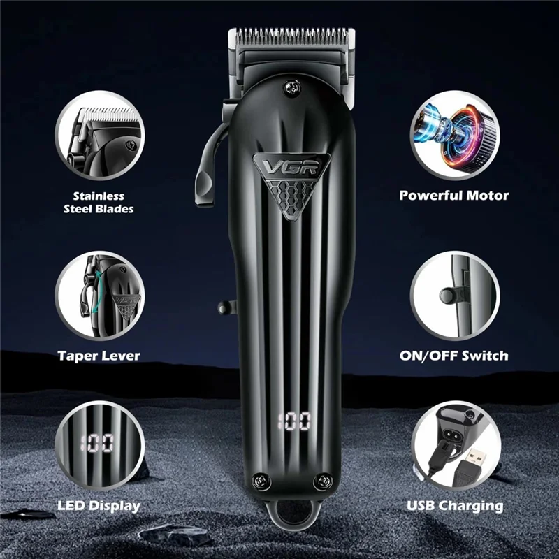 VGR V-282 Professional Hair Clipper USB Rechargeable Cordless Electric Hair Trimmer with Digital Display - Black