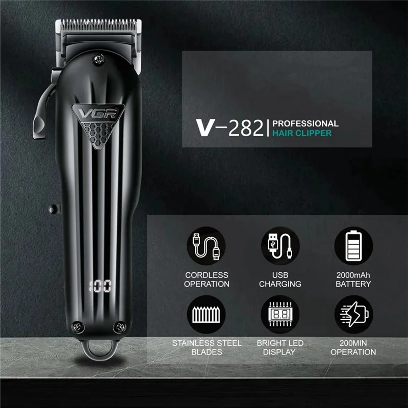 VGR V-282 Professional Hair Clipper USB Rechargeable Cordless Electric Hair Trimmer with Digital Display - Black