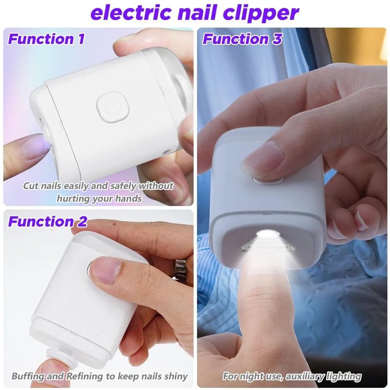 M11 Mini Electric Nail Clipper Ultra Quiet Multifunctional Automatic Nail Trimmer with LED Light - White