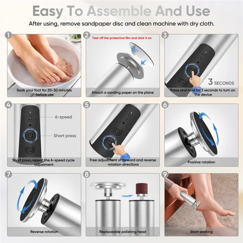 HX-12 Elektrisk Fodkallosfjerner 2 i 1 Multifunktionspedikurværktøj Genopladelig Fodfejle til Hjemmebrug - Sølv