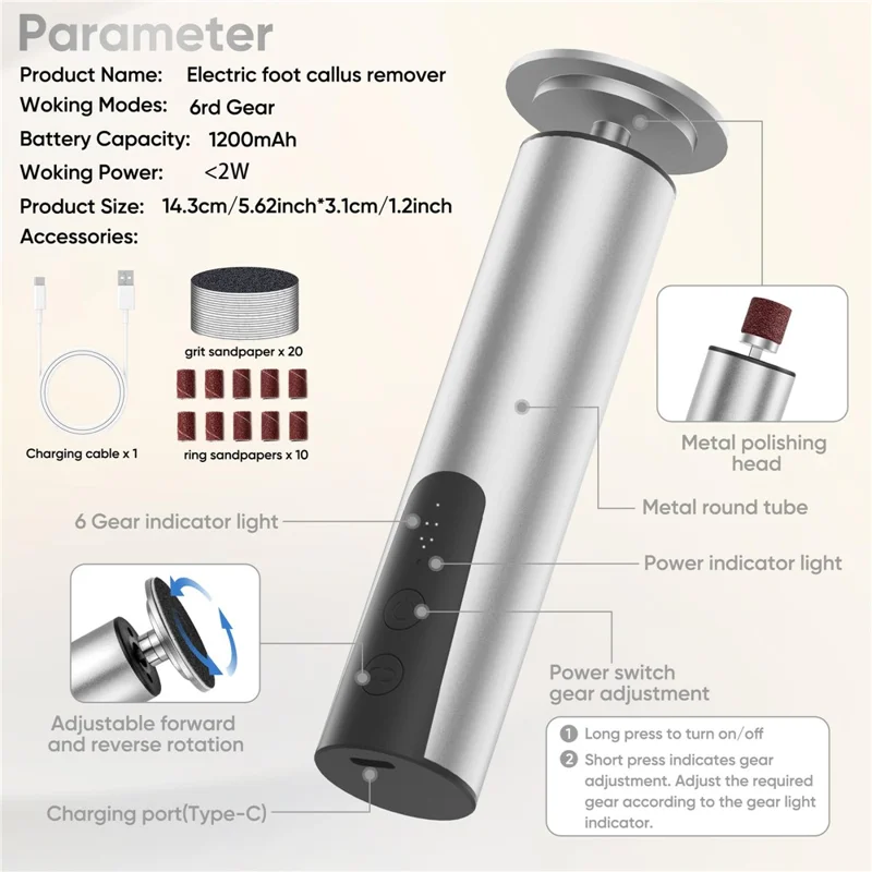 HX-12 Elektrisk Fodkallosfjerner 2 i 1 Multifunktionspedikurværktøj Genopladelig Fodfejle til Hjemmebrug - Sølv