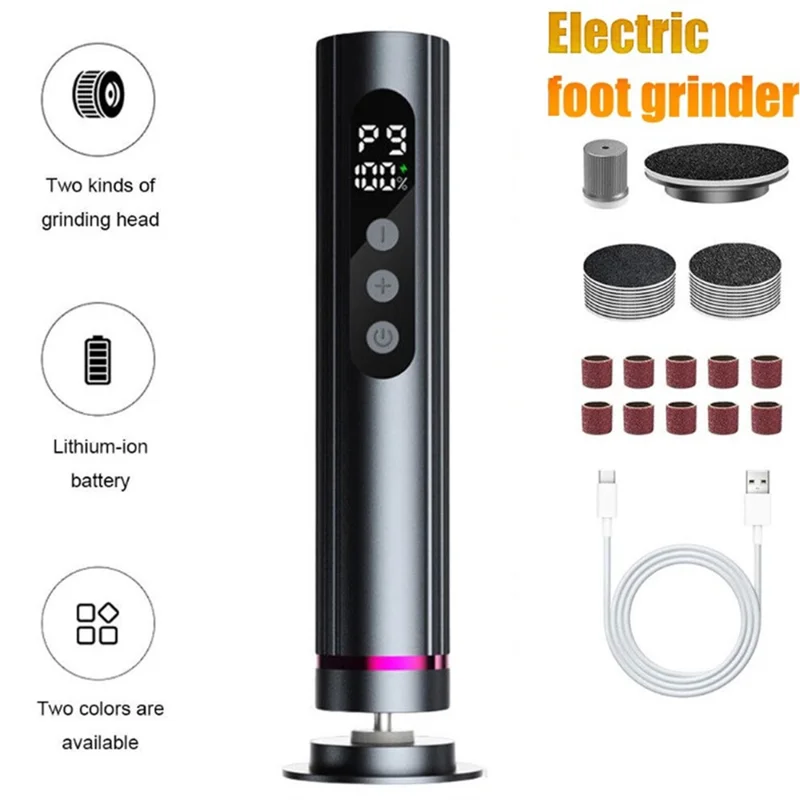 JC-202 Elektrisk Fodfils 2-i-1 Lahudfjerner Pedikurværktøj til Fodpleje 9-tracts Justerbar - Grå