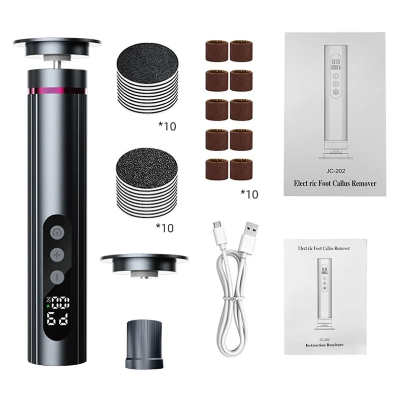 JC-202 Elektrisk Fodfils 2-i-1 Lahudfjerner Pedikurværktøj til Fodpleje 9-tracts Justerbar - Grå