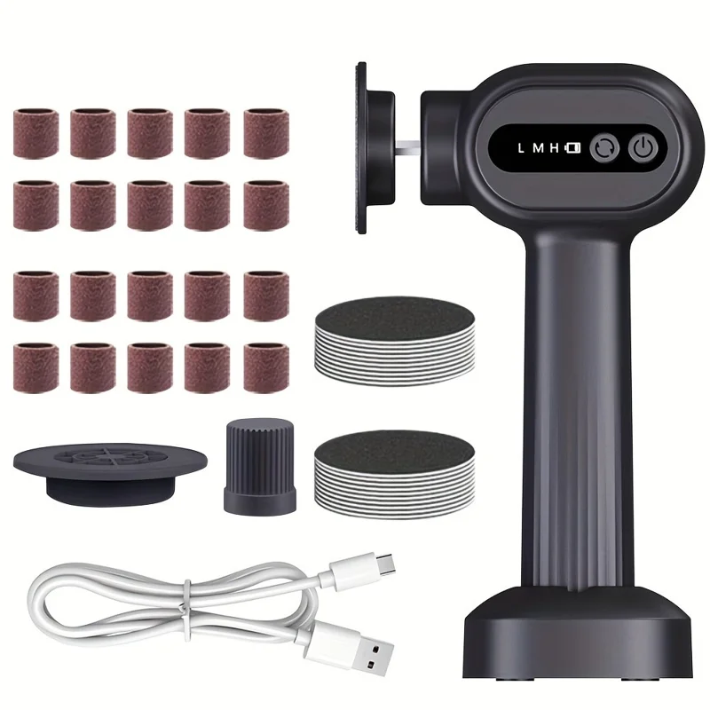 C2 Electric Foot Callus Remover 2 in 1 Portable Pedicure Tool Dead Skin Remover Nail File 6 Speed Adjustable - Black