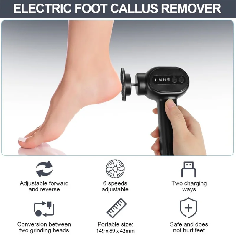 C2 Electric Foot Callus Remover 2 in 1 Portable Pedicure Tool Dead Skin Remover Nail File 6 Speed Adjustable - Black