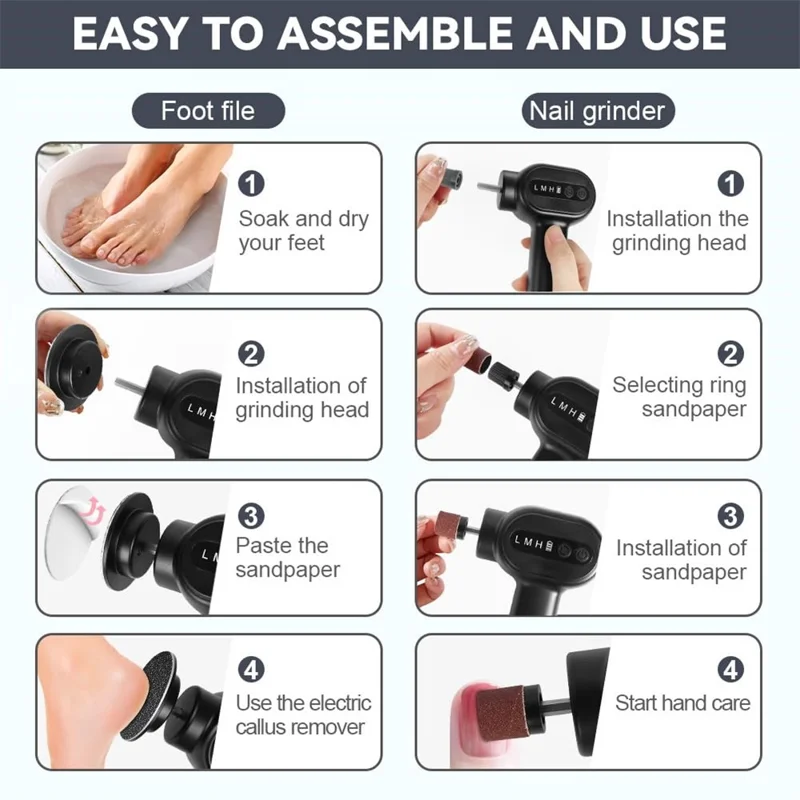 C2 Electric Foot Callus Remover 2 in 1 Portable Pedicure Tool Dead Skin Remover Nail File 6 Speed Adjustable - Black