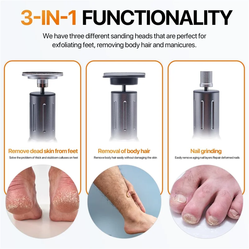 C3 Electric Foot File 6 Speed Callus Remover Pedicure Tool For Dead Skin  /  Nail Care  /  Corn Removal - Grey