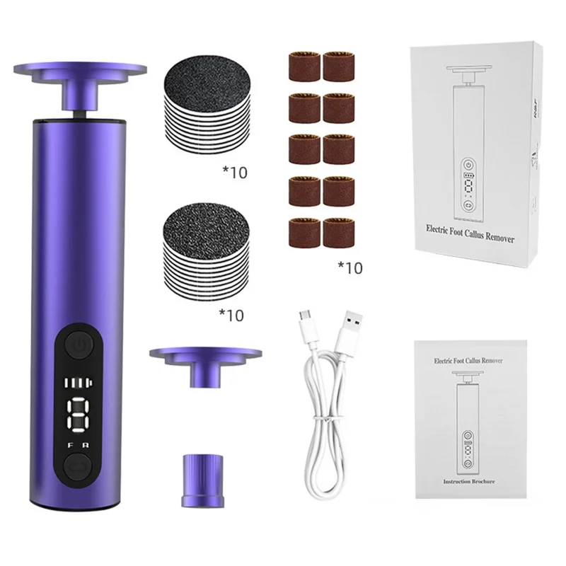 HX-20 Electric Foot Callus Remover 2 in 1 Rechargeable LED Display Nail File Grinder 9 Speed Settings - Purple