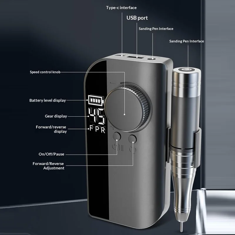 HX-102 Nail Grinder Portable High Speed Electric Nail File Professional Manicure Remover with LCD Screen Display - Grey