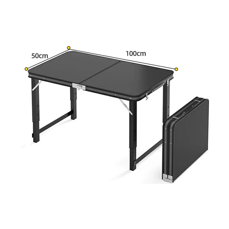 100 x 50cm Foldable Camping Table Adjustable Height Rectangular Outdoor Picnic Table - Black