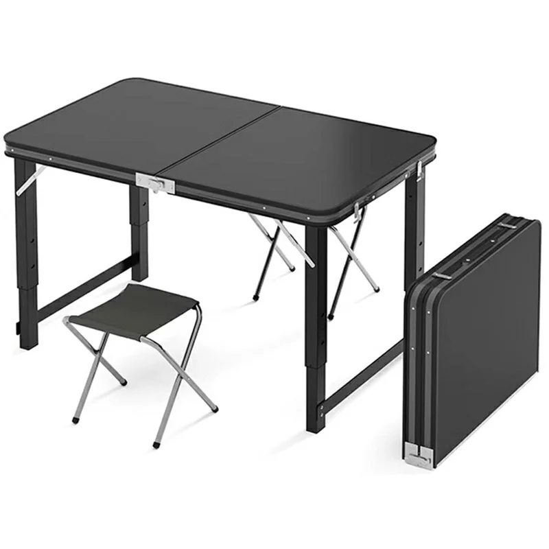 100 x 50cm Foldable Outdoor Table with 2 Folding Stools  , Height Adjustable Rectangular Camping Picnic Table - Black