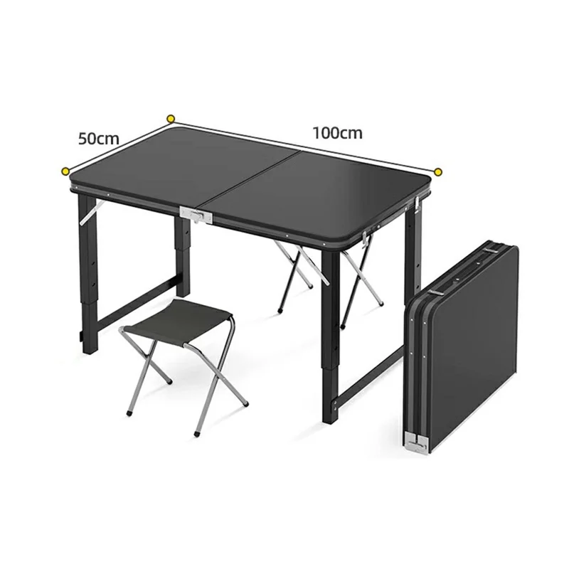 100 x 50cm Foldable Outdoor Table with 2 Folding Stools  , Height Adjustable Rectangular Camping Picnic Table - Black