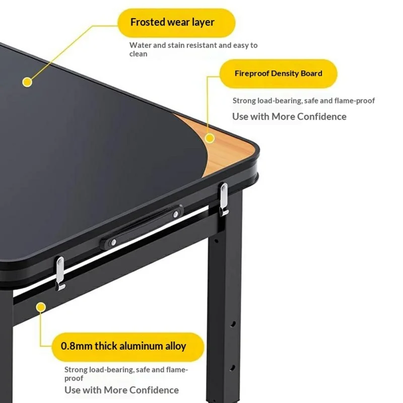 120 x 60cm Camping Table with 2 Stools , Outdoor Portable Height Adjustable Foldable Table - Black