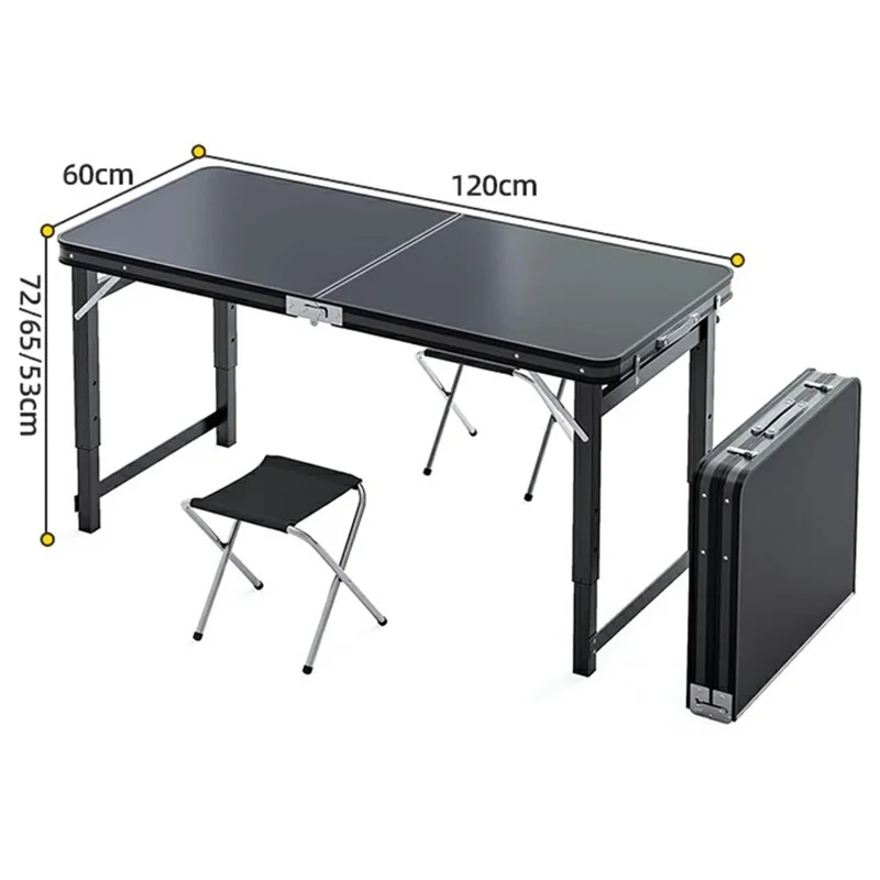 120 x 60cm Camping Table with 2 Stools , Outdoor Portable Height Adjustable Foldable Table - Black