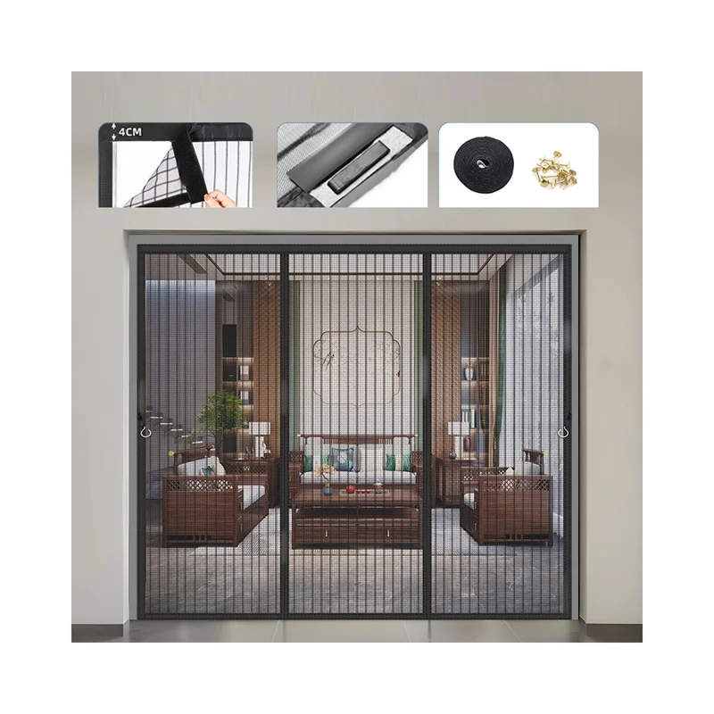 150 x 210cm Magnetic Door Screen Anti Mosquito Mesh Door Curtain with Automatic Close - Black Stripes