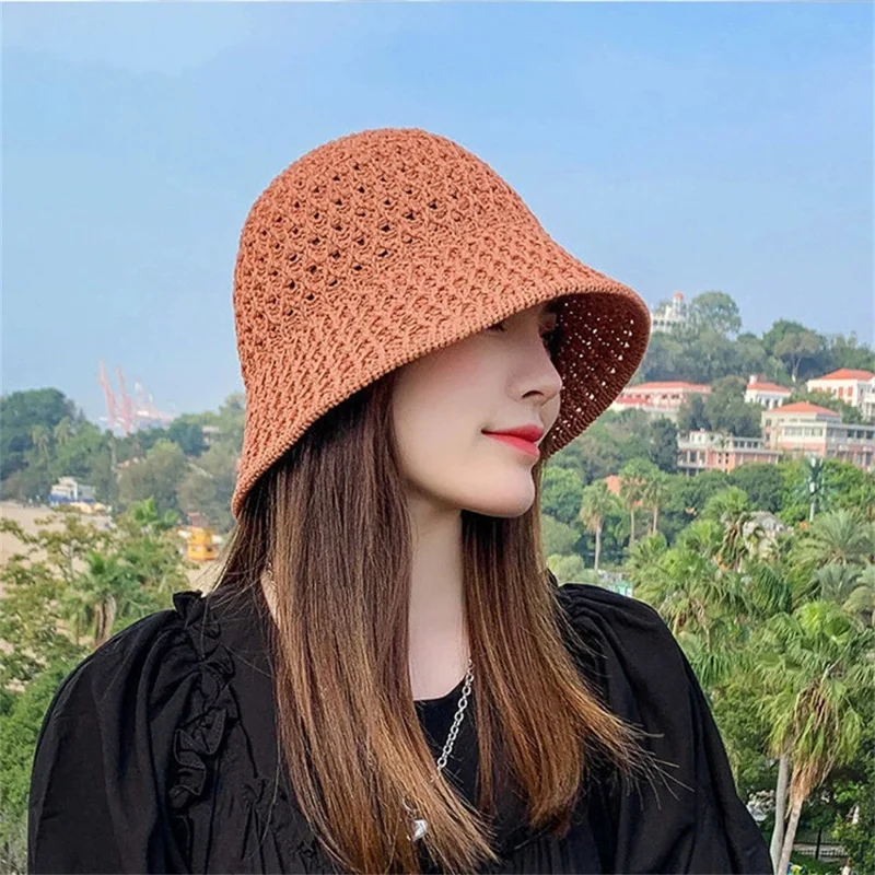 Cappello a Secchiello Estivo in Maglia Traforata per Donna, Cappello da Pescatore in Colore Unito e Traspirante - Caramello