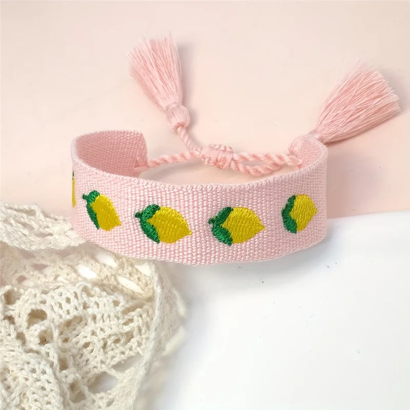 Bohemia Woven Bracelet Embroidered Lemon Pattern Wristband with Tassel Decor for Women - Pink