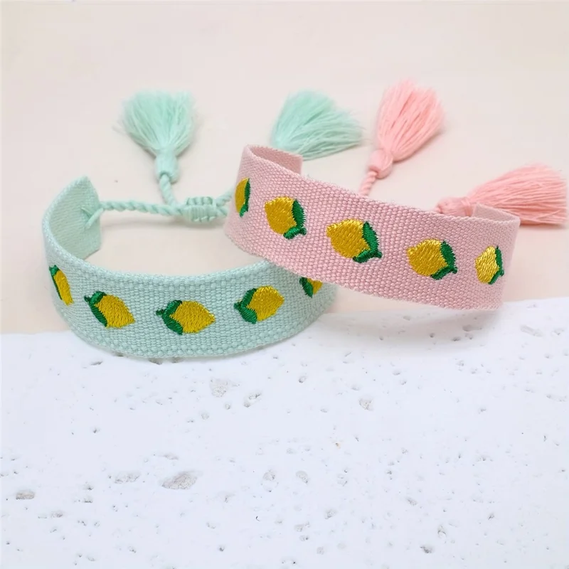 Bohemia Woven Bracelet Embroidered Lemon Pattern Wristband with Tassel Decor for Women - Pink