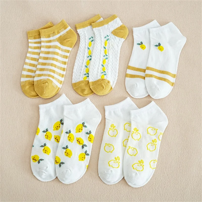 5 par søde tegneserie frugtmønster ankelsokker til kvinder forårsommer åndbar sokker i lavt snit