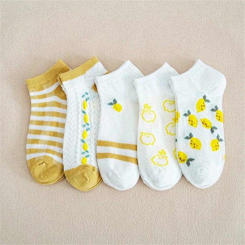 5 par søde tegneserie frugtmønster ankelsokker til kvinder forårsommer åndbar sokker i lavt snit