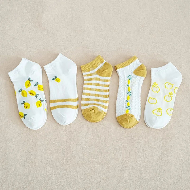 5 par søde tegneserie frugtmønster ankelsokker til kvinder forårsommer åndbar sokker i lavt snit