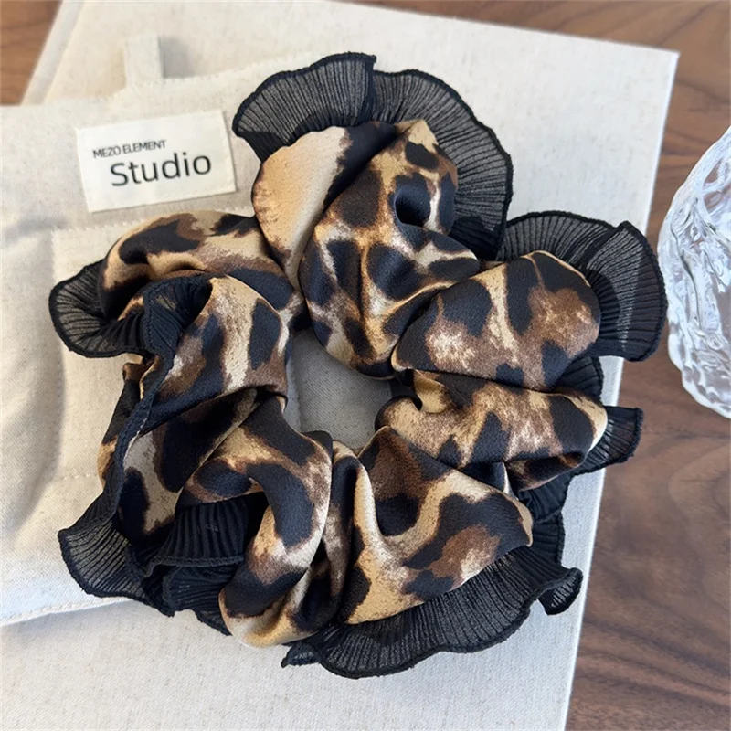 Large Leopard Print Scrunchie with Ruffle for Women Vintage Hair Tie Elegant Hair Accessory