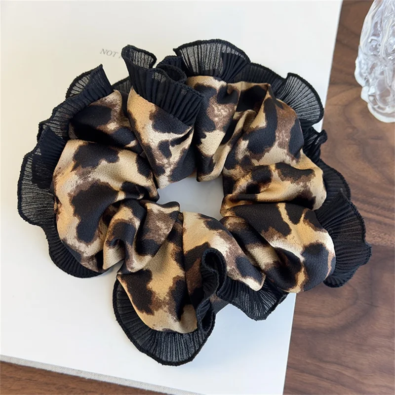 Large Leopard Print Scrunchie with Ruffle for Women Vintage Hair Tie Elegant Hair Accessory