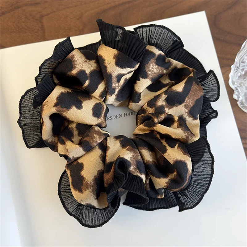Large Leopard Print Scrunchie with Ruffle for Women Vintage Hair Tie Elegant Hair Accessory