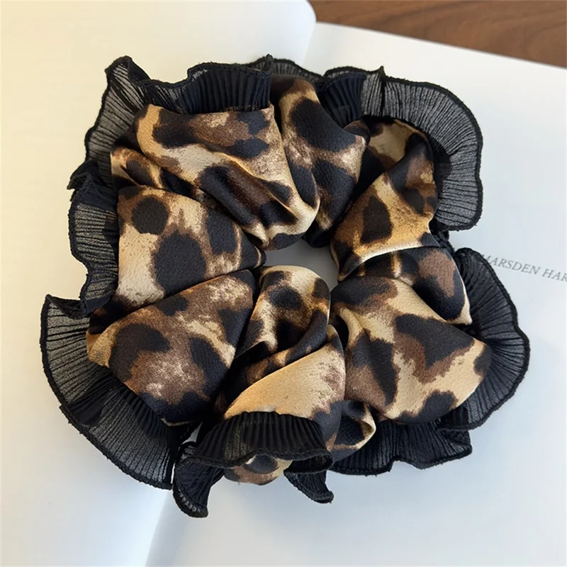 Large Leopard Print Scrunchie with Ruffle for Women Vintage Hair Tie Elegant Hair Accessory