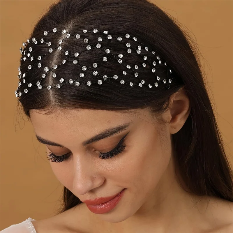Elegant Women Sparkling Rhinestones Hair Net Crown Wedding Headpieces Bride Headband