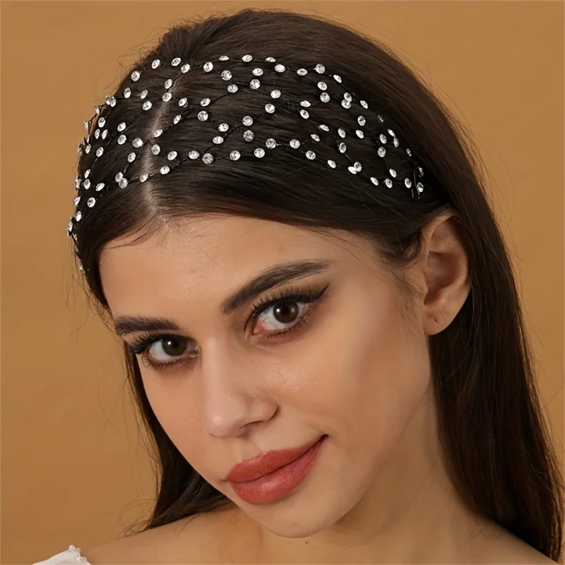 Elegant Women Sparkling Rhinestones Hair Net Crown Wedding Headpieces Bride Headband