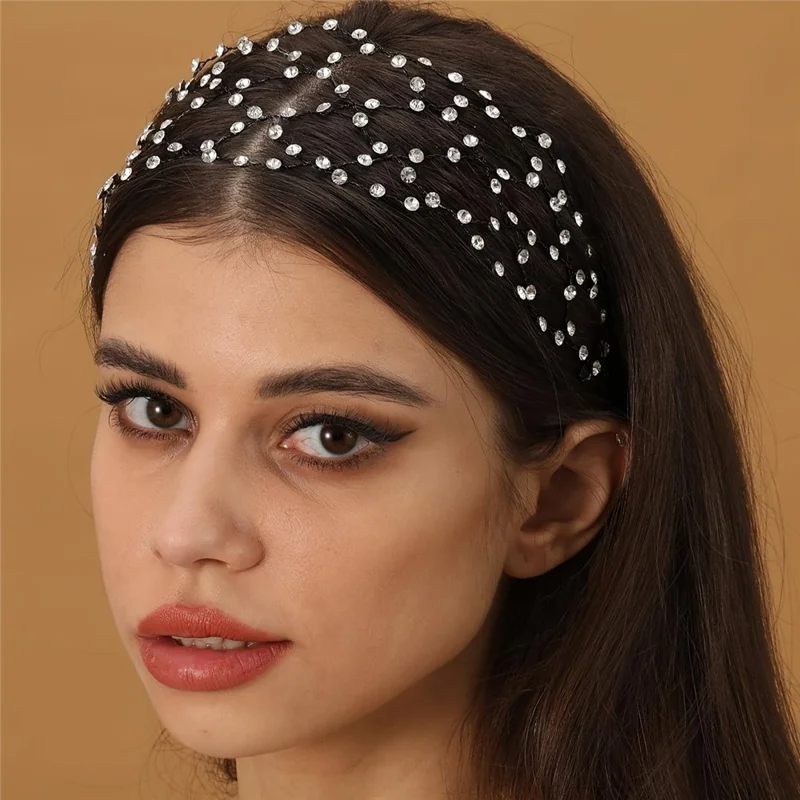 Elegant Women Sparkling Rhinestones Hair Net Crown Wedding Headpieces Bride Headband