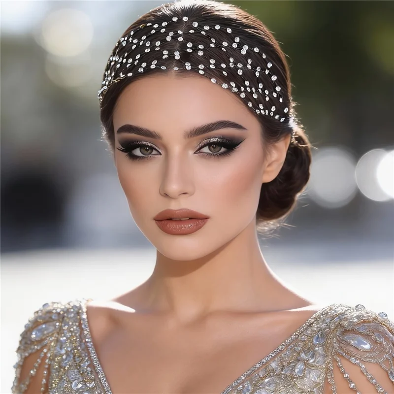 Elegant Women Sparkling Rhinestones Hair Net Crown Wedding Headpieces Bride Headband