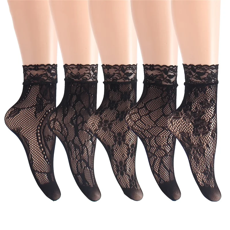 5 Pairs Sexy Lace Fishnet Ankle Socks for Women Ultra Thin Breathable Mesh Hosiery - Style A