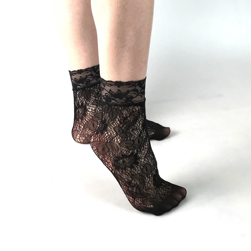 5 Pairs Sexy Lace Fishnet Ankle Socks for Women Ultra Thin Breathable Mesh Hosiery - Style A